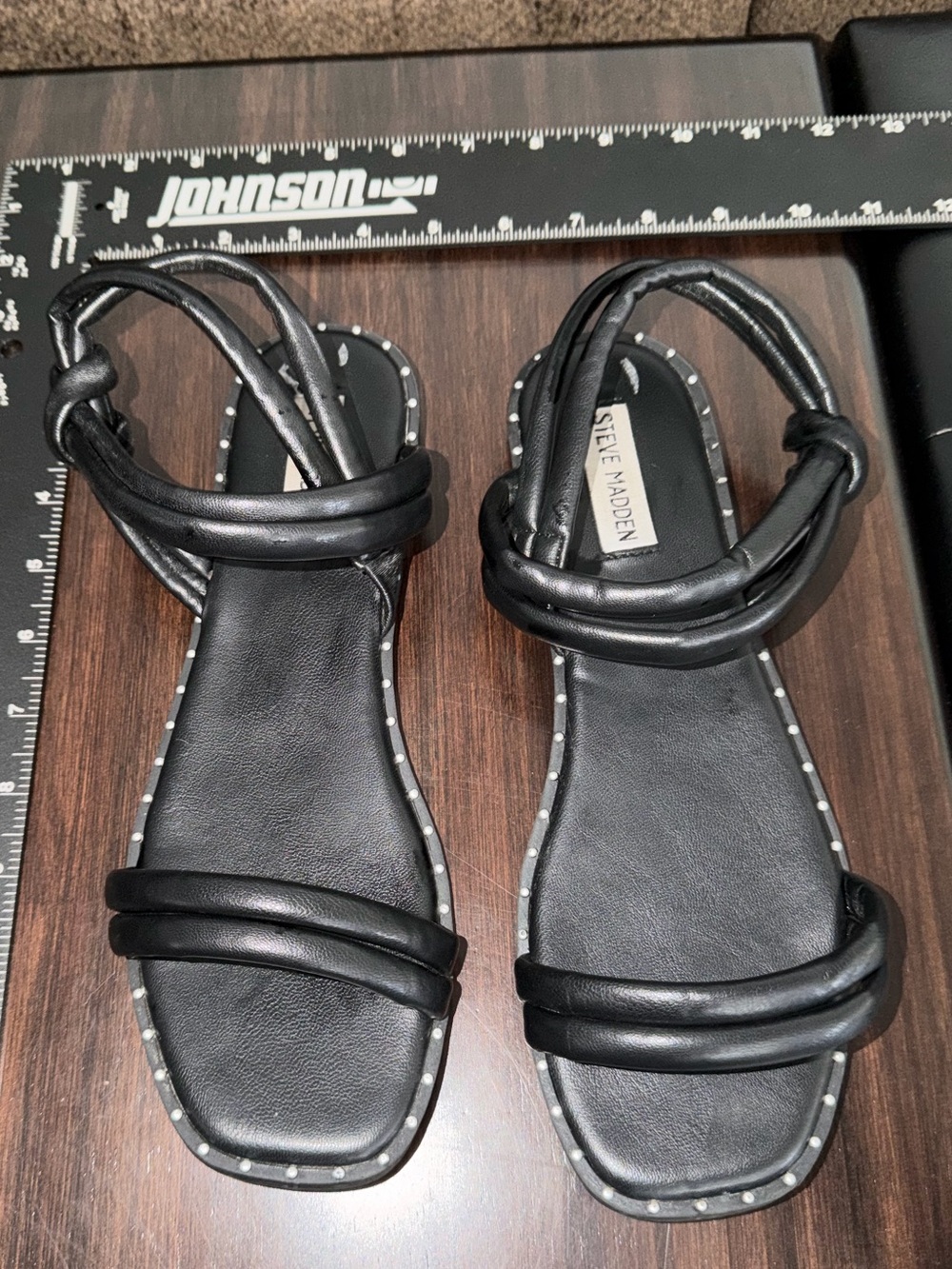 Steve Madden Black Double-Strap Studded Ankle Sandals